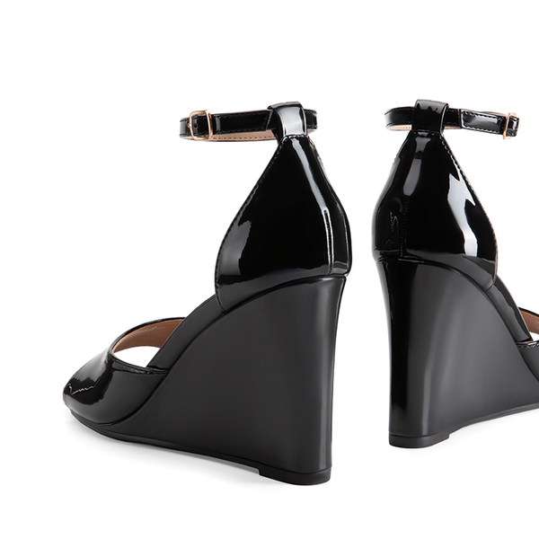 Square-Toe Buckle Strap Wedge Sandals - BLACK - 5